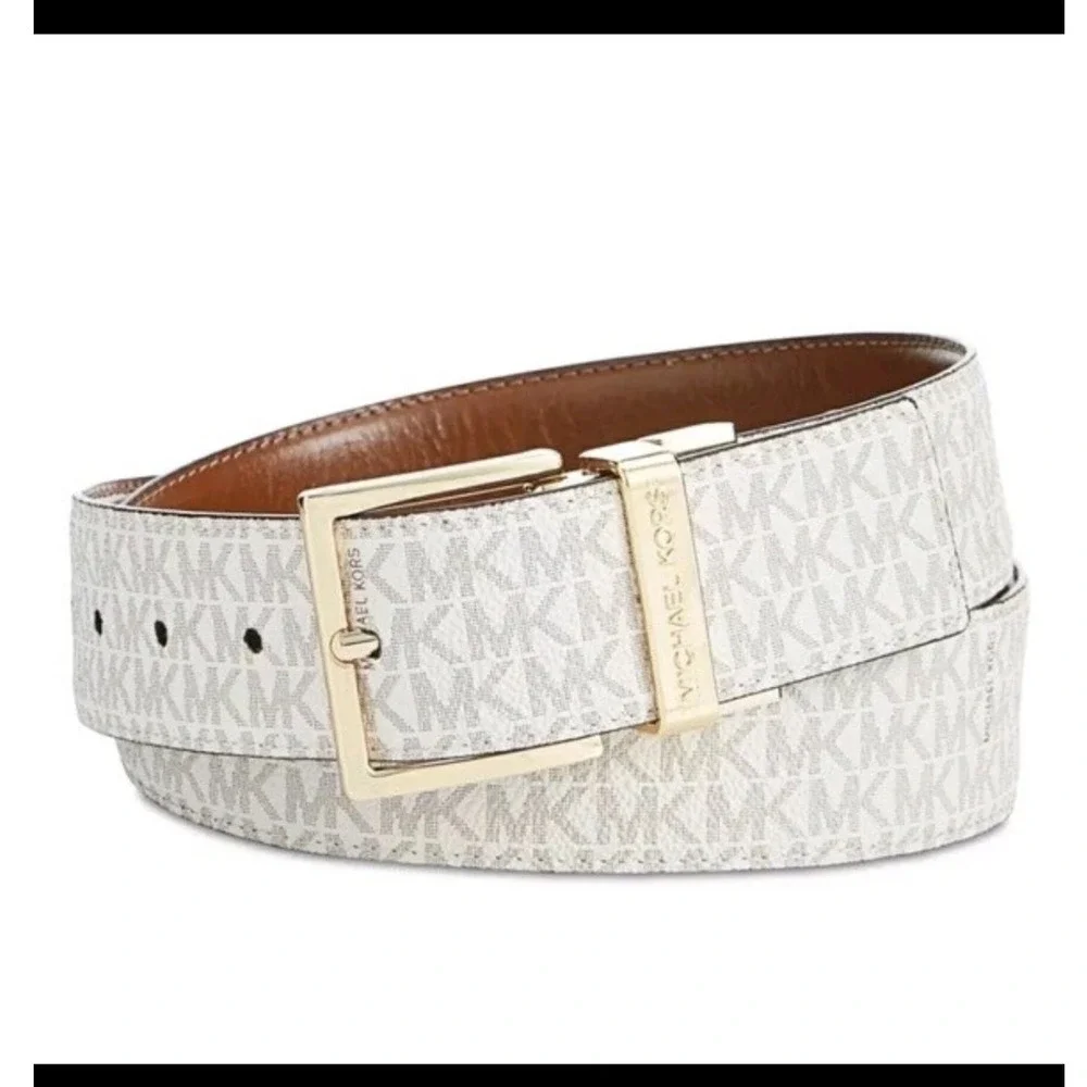 Michael Kors Mens Monogram Logo Belt Beige Brown Gold‎ Buckle 556023 Size M